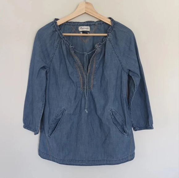 Madewell Blue Denim Chambray Embroidered Tie Neck Blouse Top Size S Boho - Picture 1 of 6